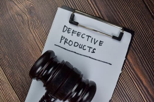 clipboard with paper that says 'defective products' with gavel on top