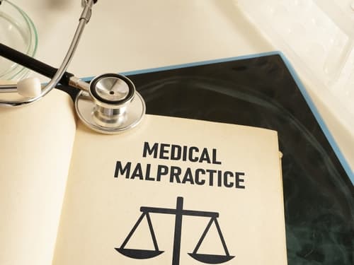 medical malpractice law book on desk with stethoscope