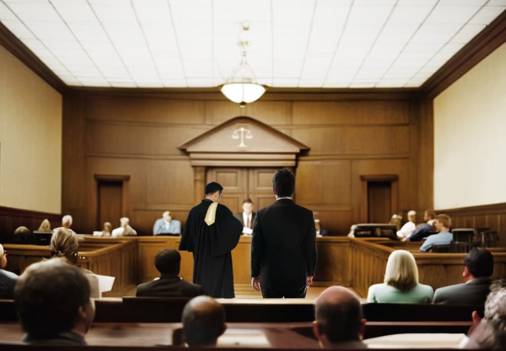 In a courtroom, a plaintiff talks to a magistrate with a lawyer present, illustrating the concept of law adjustment. 