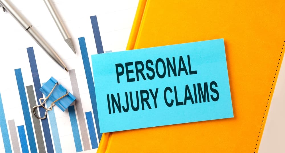 Personal Injury Claims text on a yellow notebook sticker with a chart and pen.