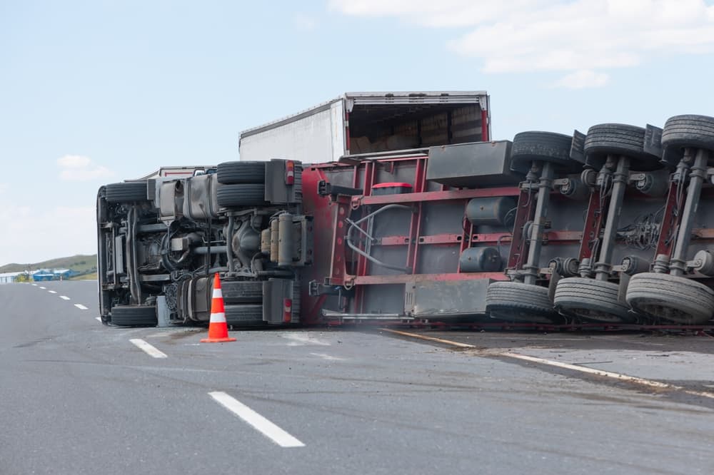 An overloaded and fast truck (TIR) overturned